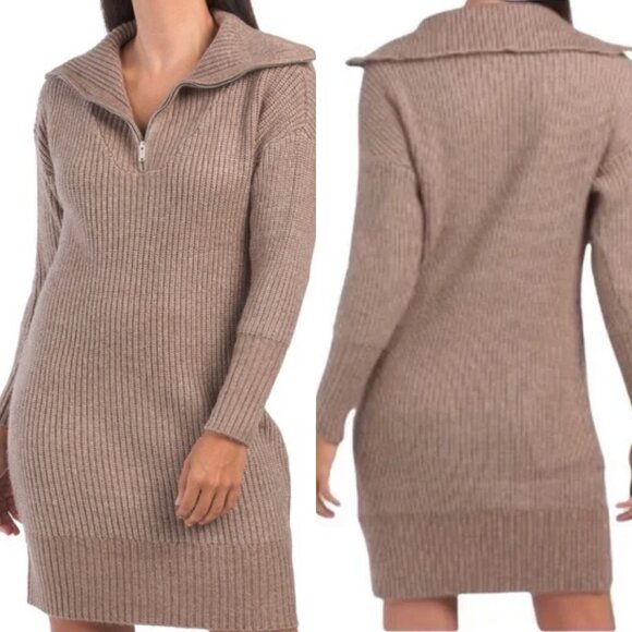 Cupcakes & Cashmere Women's NWT Tan Ribbed Notch Zip Collar Sweater Dress XS - Picture 1 of 9